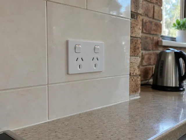 Double power point on tiled kitchen splashback above a stone benchtop in a home in Baulkham Hills
