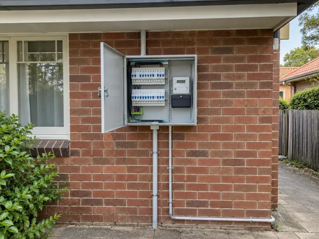 Open outdoor switchboard on a brick house wall beside a window in Thornleigh